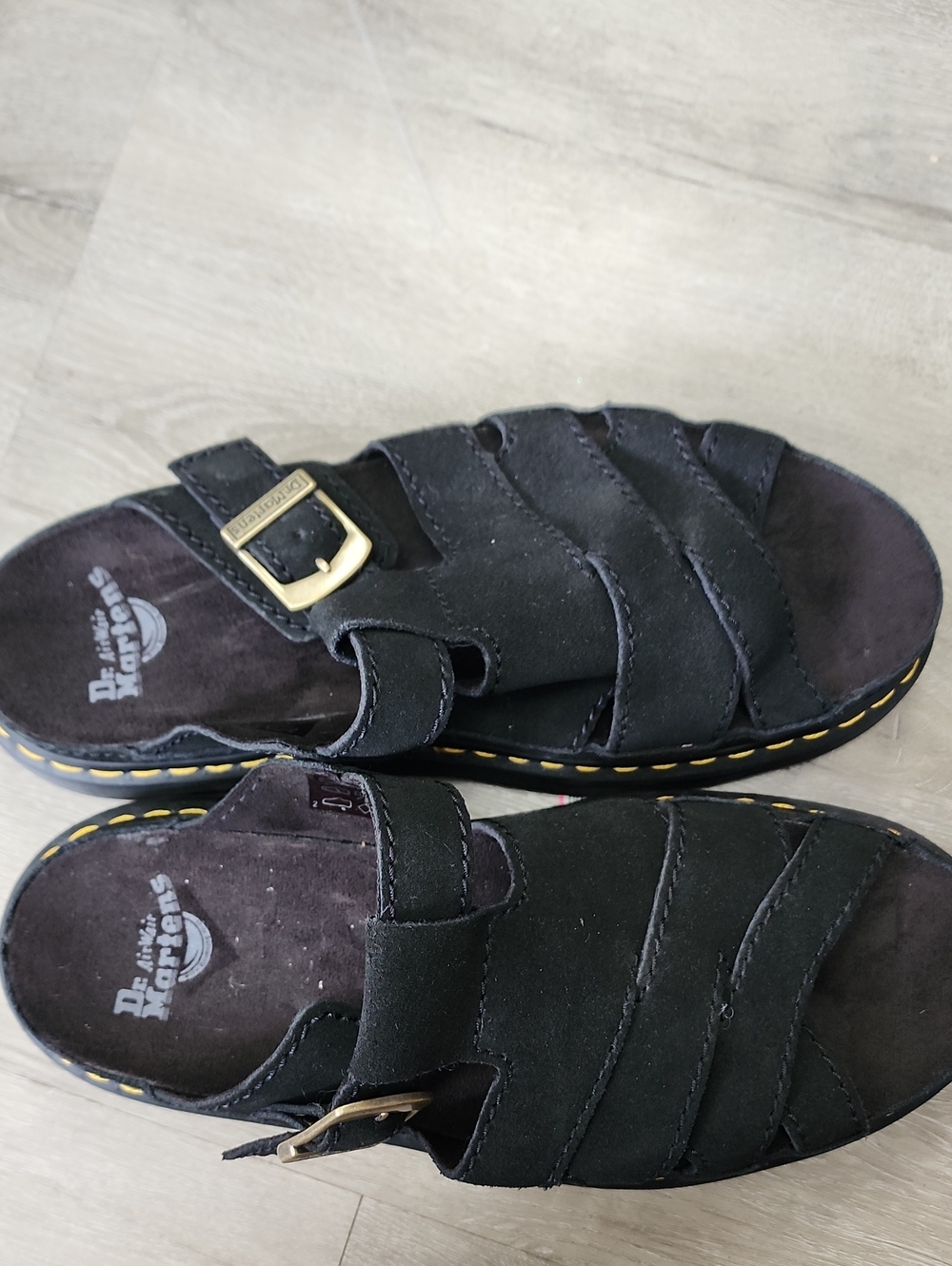 Dr. Martens Black Suede Fisherman-Style Sandals with Yellow Stitching